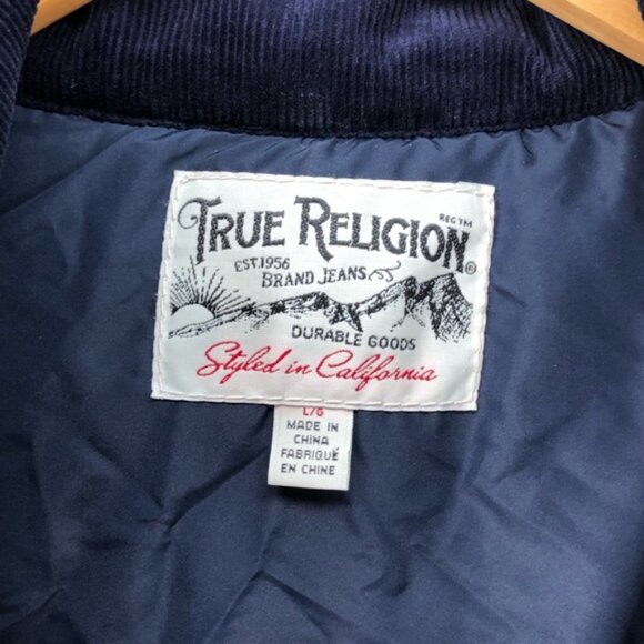 True Religion Men’s Navy Serape Corduroy Snap Button Puffer Vest - Picture 8 of 14